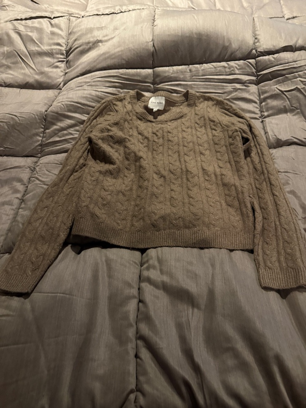 Pink Rose Women’s Cable Knit Crewneck Sweater - Taupe